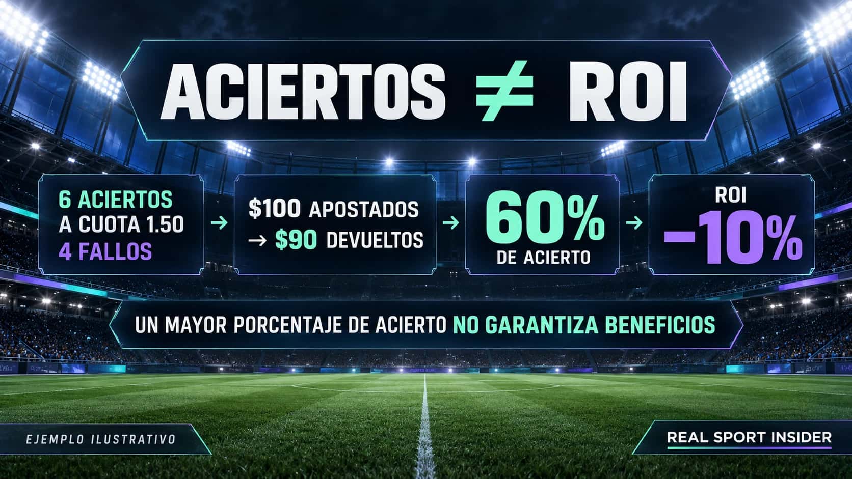 Porcentaje de acierto frente a ROI: seis aciertos a cuota 1.50 y cuatro fallos producen un 60% de acierto, pero un ROI de −10% en un ejemplo ilustrativo con $100.
