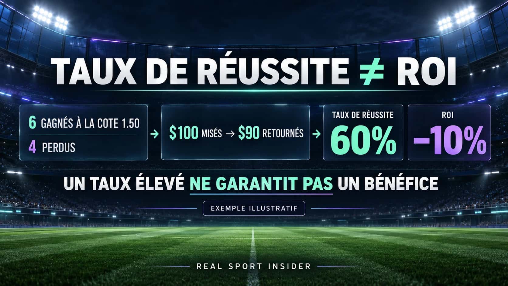 Taux de réussite et ROI : six paris gagnés à la cote 1.50 et quatre perdus donnent 60% de réussite, mais un ROI de −10% dans un exemple de $100. Taux de réussite et ROI : six paris gagnés à la cote 1.50 et quatre perdus donnent 60% de réussite, mais un ROI de −10% dans un exemple de $100.