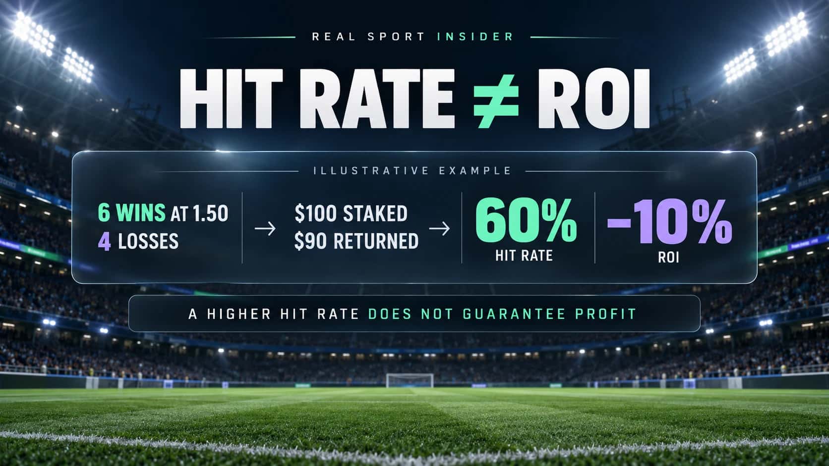 Hit rate versus ROI: six wins at decimal odds 1.50 and four losses produce a 60% hit rate but a -10% ROI in an illustrative $100 example. Hit rate versus ROI: six wins at decimal odds 1.50 and four losses produce a 60% hit rate but a -10% ROI in an illustrative $100 example.