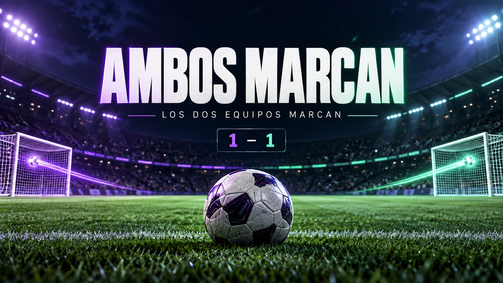 Ilustración de BTTS con un marcador de 1–1 y un gol en cada extremo de un campo de fútbol. Ilustración de BTTS con un marcador de 1–1 y un gol en cada extremo de un campo de fútbol.