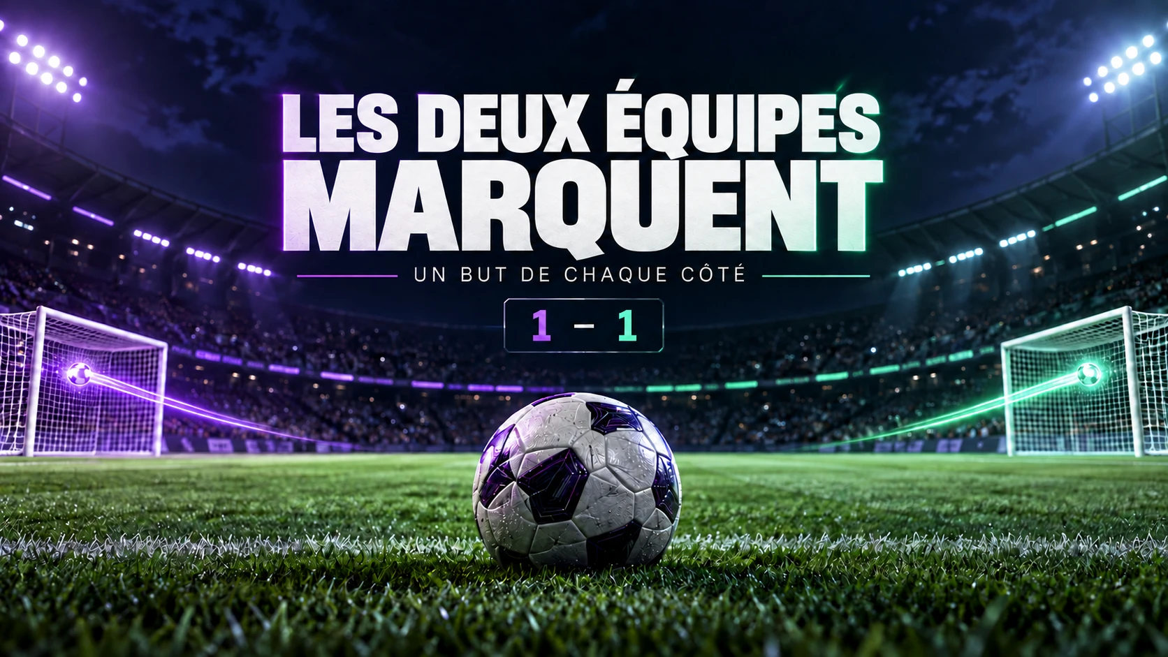 Illustration BTTS avec un tableau de score 1–1 et un but à chaque extrémité d'un terrain de football. Illustration BTTS avec un tableau de score 1–1 et un but à chaque extrémité d'un terrain de football.