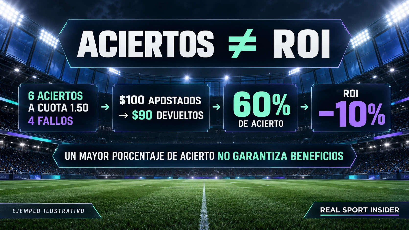 Porcentaje de acierto frente a ROI: seis aciertos a cuota 1.50 y cuatro fallos producen un 60% de acierto, pero un ROI de −10% en un ejemplo ilustrativo con $100. Porcentaje de acierto frente a ROI: seis aciertos a cuota 1.50 y cuatro fallos producen un 60% de acierto, pero un ROI de −10% en un ejemplo ilustrativo con $100.