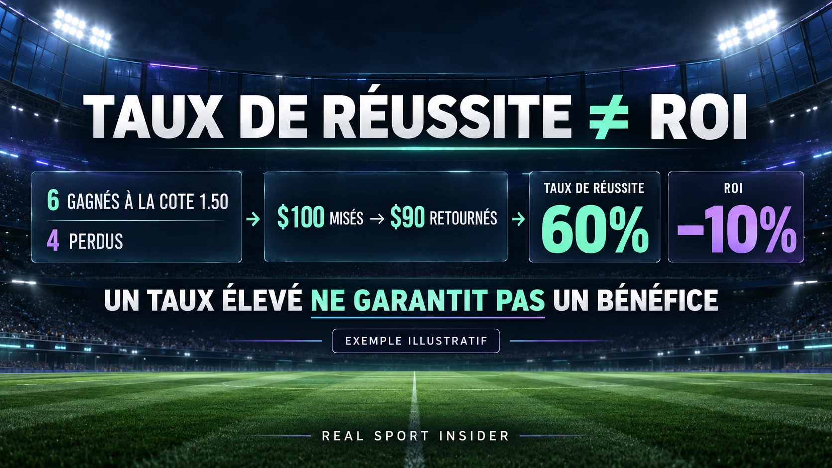 Taux de réussite et ROI : six paris gagnés à la cote 1.50 et quatre perdus donnent 60% de réussite, mais un ROI de −10% dans un exemple de $100. Taux de réussite et ROI : six paris gagnés à la cote 1.50 et quatre perdus donnent 60% de réussite, mais un ROI de −10% dans un exemple de $100.