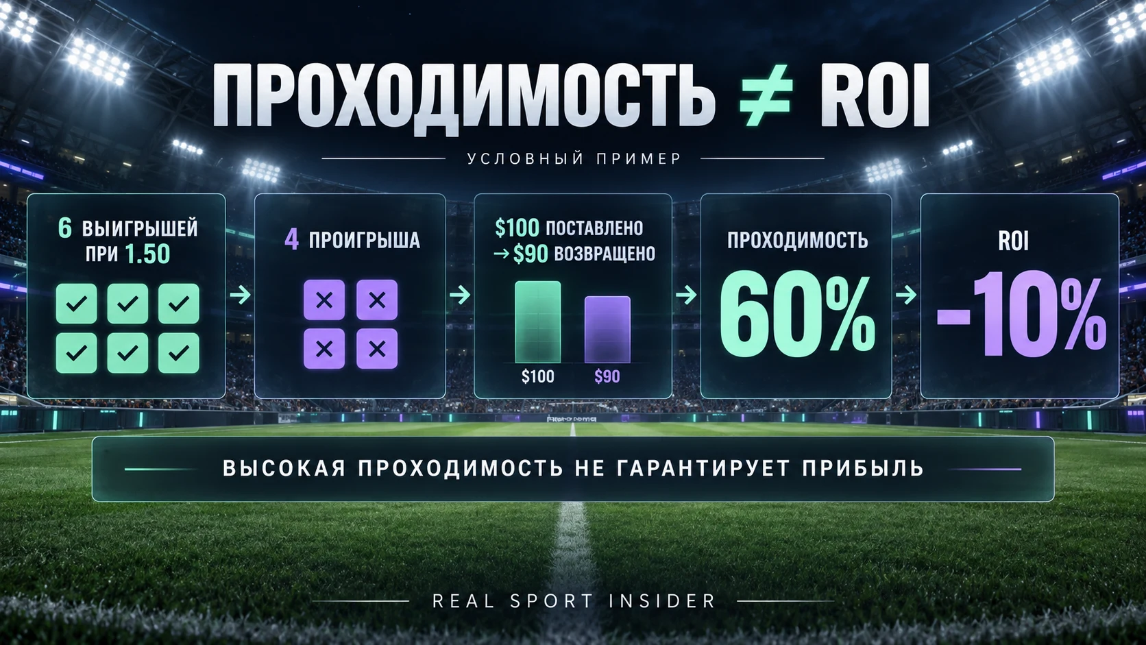 Проходимость и ROI: шесть выигрышей при коэффициенте 1.50 и четыре проигрыша дают проходимость 60%, но ROI −10% в условном примере со ставками на $100. Проходимость и ROI: шесть выигрышей при коэффициенте 1.50 и четыре проигрыша дают проходимость 60%, но ROI −10% в условном примере со ставками на $100.