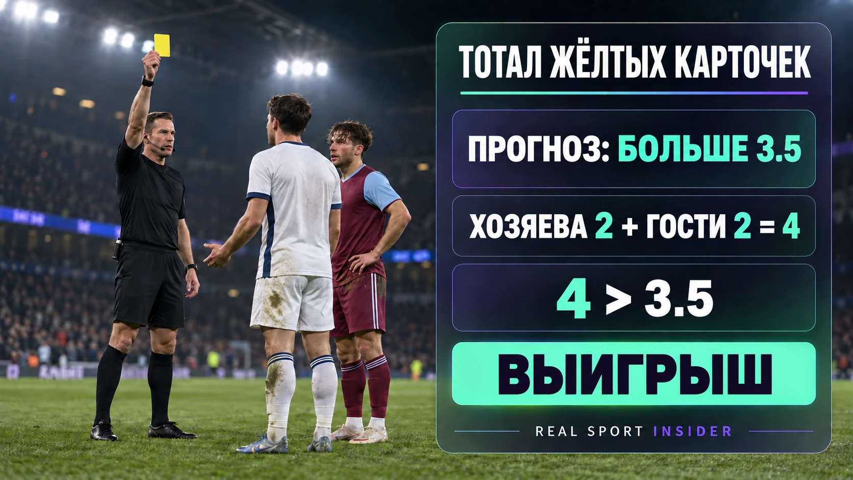 Тотал жёлтых карточек больше 3.5 выигрывает, когда две карточки хозяев и две карточки гостей дают общий результат четыре. Тотал жёлтых карточек больше 3.5 выигрывает, когда две карточки хозяев и две карточки гостей дают общий результат четыре.